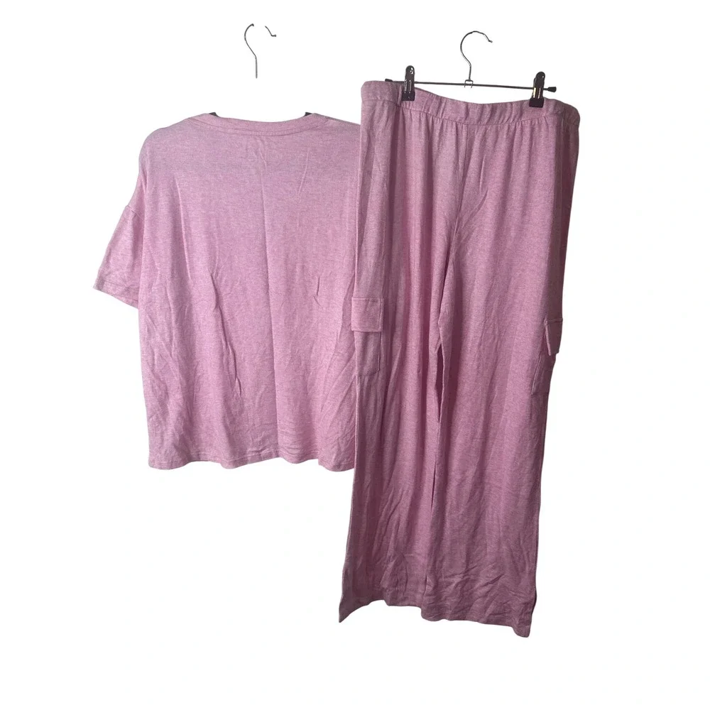 NEW Roudelain Womens 2pc M Loungewear Pajama Set Pink Cargo Pants V-Neck‎ Top